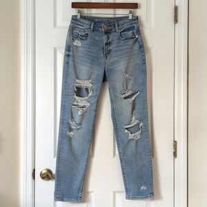 American Eagle Retro High Waisted Medium Wash Distressed Denim Mom Jeans Blue 4